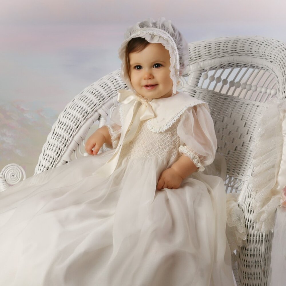 Strasburg Ivory Smocked Heirloom Gown Silk Organza Bonnet Special Occasion RARE